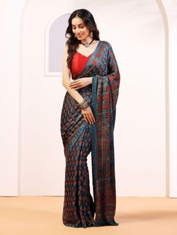 Aditri - Handprinted Ajrakh On Modal Silk Blue Saree With Running Blouse