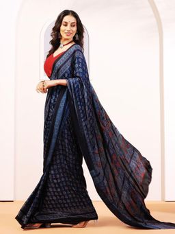 Aditri - Handprinted Ajrakh On Modal Silk Navy Blue Saree With Running Blouse