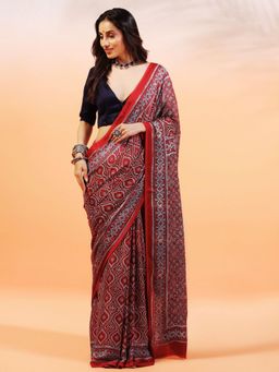 Aditri - Handprinted Ajrakh On Modal Silk Red Saree With Running Blouse