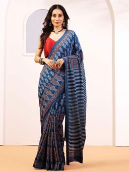 Aditri - Handprinted Ajrakh On Cotton Blue Saree With Running Blouse