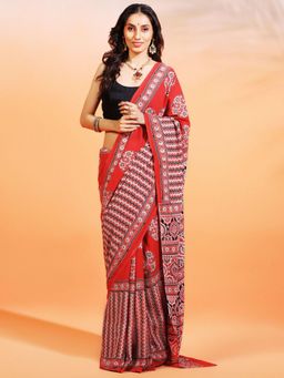 Aditri - Handprinted Ajrakh On Cotton Red Saree With Running Blouse