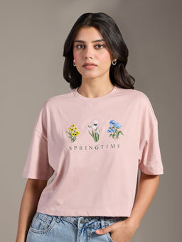 Twenty Dresses by Nykaa Fashion - Nude Pink Graphic Embroidered Oversized Crop T-Shirt