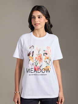 Twenty Dresses by Nykaa Fashion - White Floral Graphic Print Crew Neck T-Shirt