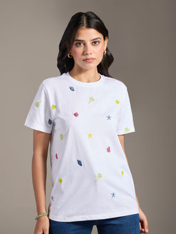 Twenty Dresses by Nykaa Fashion - White Embroidered Crew Neck Short Sleeves T-Shirt