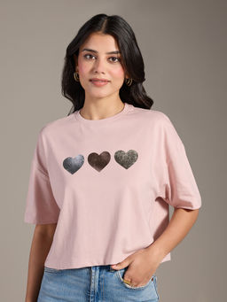 Twenty Dresses by Nykaa Fashion - Nude Pink Heart Graphic Print T-Shirt