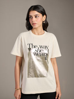 Twenty Dresses by Nykaa Fashion - Beige Typographic Print Crew Neck Oversized T-Shirt