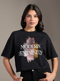 Twenty Dresses by Nykaa Fashion - Black Typographic Print Oversized Crop T-Shirt