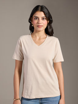 Twenty Dresses by Nykaa Fashion - Basics Beige Solid V Neck Short Sleeves T-Shirt
