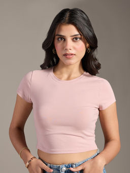 Twenty Dresses by Nykaa Fashion - Basics Blush Pink Solid Crew Neck Fitted Crop T-Shirt