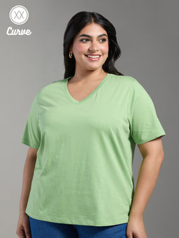 Twenty Dresses by Nykaa Fashion - Curve Green Solid V Neck Short Sleeves Basics T-Shirt