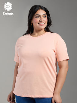 Twenty Dresses by Nykaa Fashion - Curve Apricot Pink Solid Crew Neck Short Sleeves Basics T-Shirt