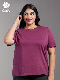 Twenty Dresses by Nykaa Fashion - Curve Plum Solid Crew Neck Short Sleeves Basics T-Shirt
