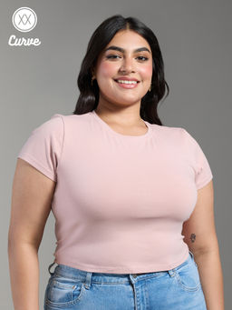 Twenty Dresses by Nykaa Fashion - Curve Blush Pink Solid Crew Neck Fitted Basics Crop T-Shirt