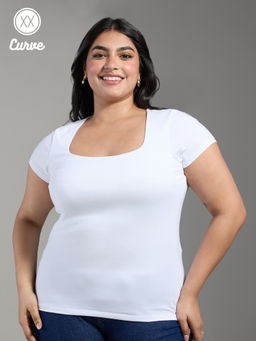 Twenty Dresses by Nykaa Fashion - Curve White Solid Square Neck Fitted Short Sleeves Basics T-Shirt