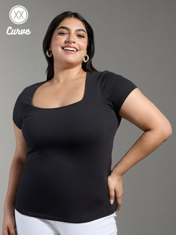 Twenty Dresses by Nykaa Fashion - Curve Black Solid Square Neck Fitted Short Sleeves Basics T-Shirt