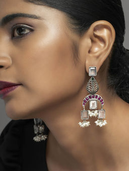 Divas Mantra - Trident Long Earrings with Pink Spinel Stones, Pearls and Pink Cut Stones