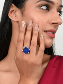 Silvermerc Designs - Silver Plated Blue Stone Adjustable Western Finger Ring for Women