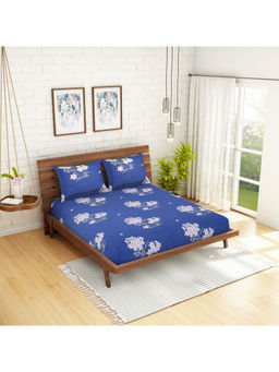 CORE Designed by SPACES - Jubilance 210 TC Blue Floral Cotton 1 Queen Bedsheet 2 Pillow Covers