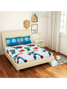 CORE Designed by SPACES - Marvel Avengers 144 TC Blue Cotton 1 Queen Bedsheet 2 Pillow Covers