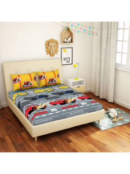 CORE Designed by SPACES - Disney Car 144 TC Yellow Kids Cotton 1 Queen Bedsheet 2 Pillow Cover