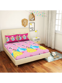 CORE Designed by SPACES - Disney Princess 144 TC Pink Cotton 1 Queen Bedsheet 2 Pillow Covers
