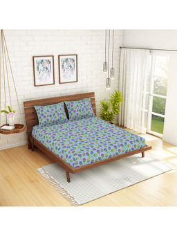CORE Designed by SPACES - 104 TC Blue Floral Cotton 1 Queen Bedsheet With 2 Pillow Covers