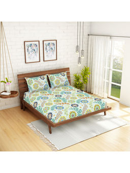 CORE Designed by SPACES - 104 TC Blue Floral Cotton 1 Queen Bedsheet With 2 Pillow Covers