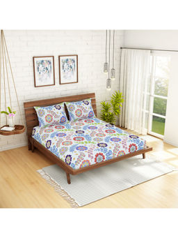 CORE Designed by SPACES - 104 TC Blue Floral Cotton 1 Queen Bedsheet With 2 Pillow Covers