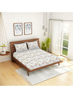 CORE Designed by SPACES - 104 TC White Floral Cotton 1 Queen Bedsheet With 2 Pillow Covers