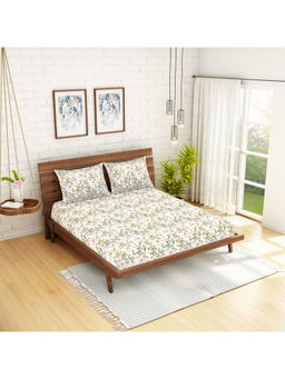 CORE Designed by SPACES - 104 TC White Floral Cotton 1 Queen Bedsheet With 2 Pillow Covers