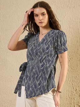 SAY - Women Blue Abstract Print Wrap Top