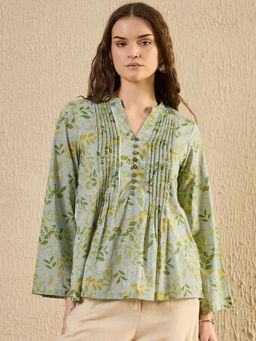 SAY - Women Green Tropical Pintuck Top