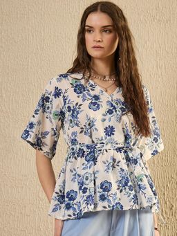 SAY - Women Blue Floral Printed Tie-Up Top