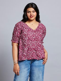 Globus - Gloplus Women Pink Floral Print V-neck Puff Sleeves Plus Size Workwear Top