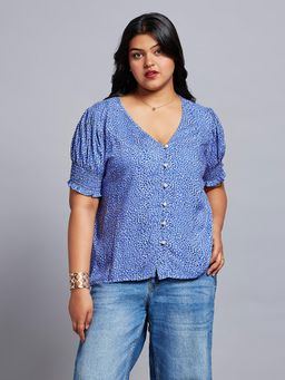 Globus - Gloplus Women Blue Abstract Print V-neck Puff Sleeves Plus Size Workwear Top