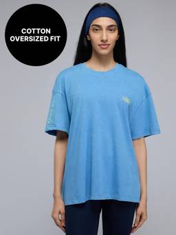 Kica - 100% Cotton Oversized Distressed Graphic T-Shirt For Workout to Weekend KIC033 Blue