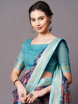 Akhilam - Navy Blue Festive Linen Blend Printed Saree with Unstitched Blouse with Unstitched