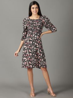 SHOWOFF - Womens Printed Square Neck Black Knee Length Dress