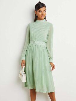 Styli - Green Pleated High Neck A-line Midi Dress With Belt (Set of 2)