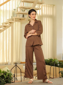 SAY - Brown Collar Viscose Rayon Solid Co-ords for Women (Set of 2)