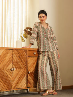 SAY - Cream Cotton Blend Self Design Co-ords for Women (Set of 2)