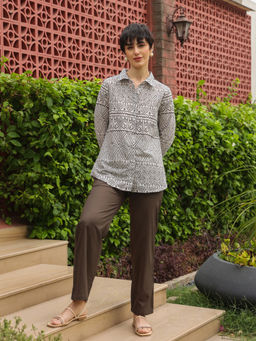 SAY - White Shirt Collar Pure Cotton Printed Shirt and Pant for Women (Set of 2)