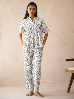 SAY - White Pure Cotton Floral Printed Co-ords for Women (Set of 2)