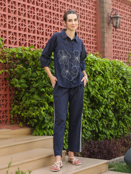 SAY - Navy Blue Pure Cotton Embroidered Co-ords for Women (Set of 2)