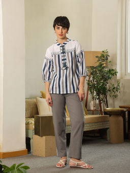 SAY - Multi-Color White Mandarin Collar Pure Cotton Stripes Top and Trouser (Set of 2)