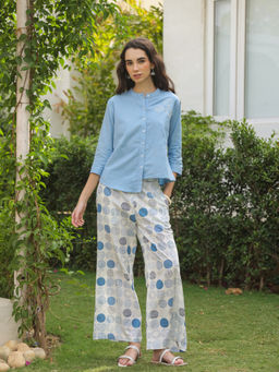 SAY - Blue Mandarin Collar Pure Cotton Shirt and Pant for Women (Set of 2)