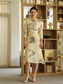 SAY - Yellow Cotton Printed Shirt Collar Dress for Women
