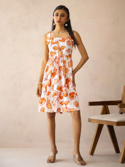 SAY - White Viscose Rayon Floral Square Neck Dress for Women