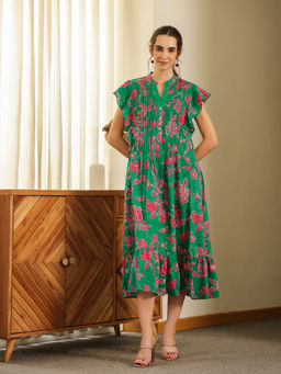 SAY - Green Cotton Floral Midi Dress for Women