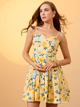 Globus - Yellow Floral Printed Curved Hem Mini Fit and Flare Dress